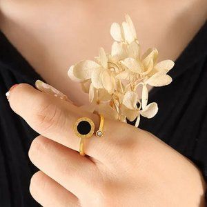 Roman Numerals Gold Stainless Steel Black Inlay Rhinestone Adj Open Ring NEW